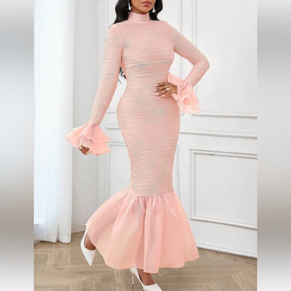 SHEIN Pink Long Sleeve Ruffle Dress